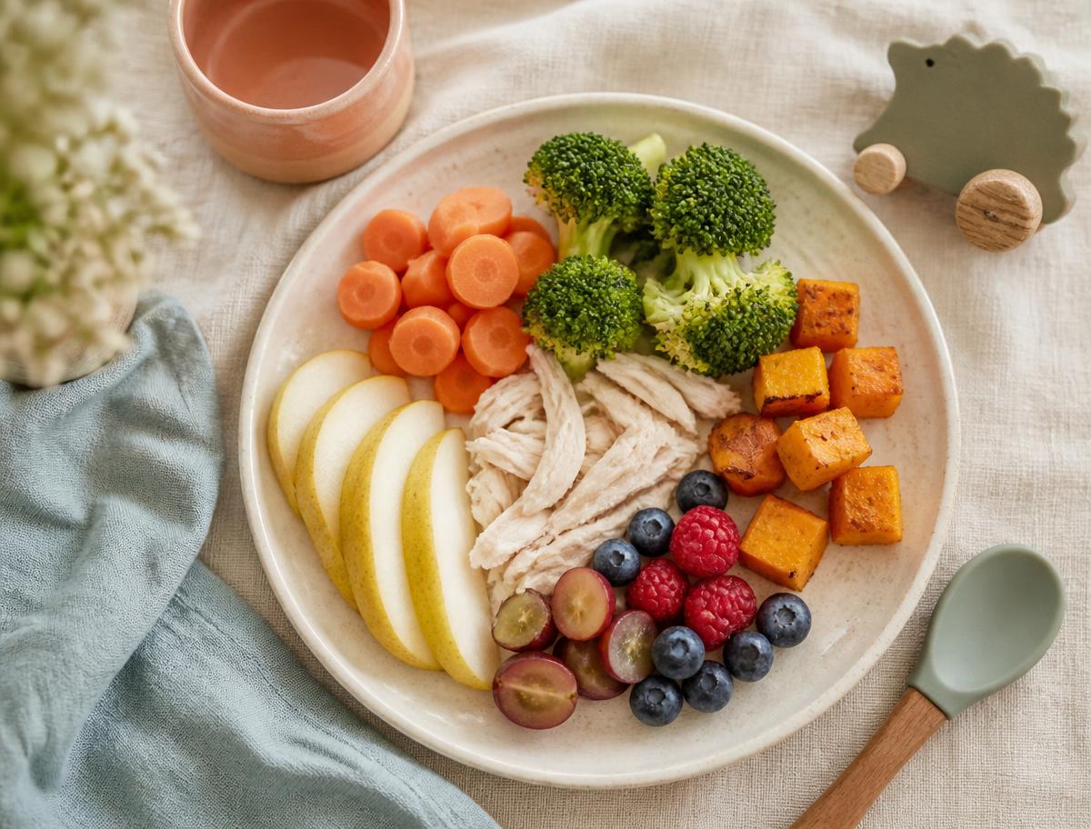 Gentle, gut-friendly foods arranged on a cream table