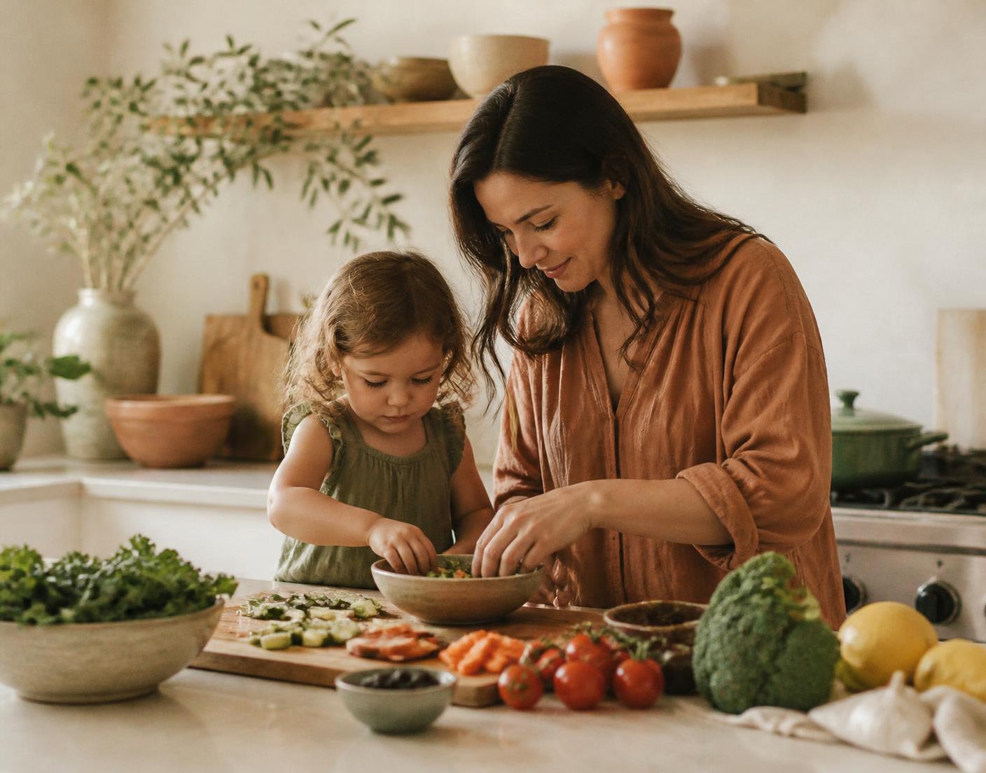 A parent and young child cooking together in a warm, sunlit kitchen
